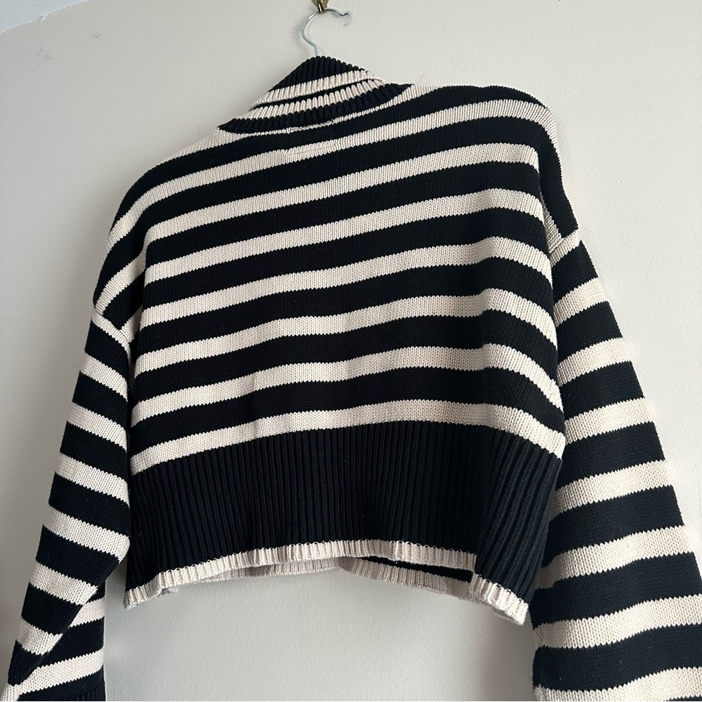 Denimist Cropped Sailor‎ Stripe Turtleneck Sweater in Black/Tan - Picture 9 of 11